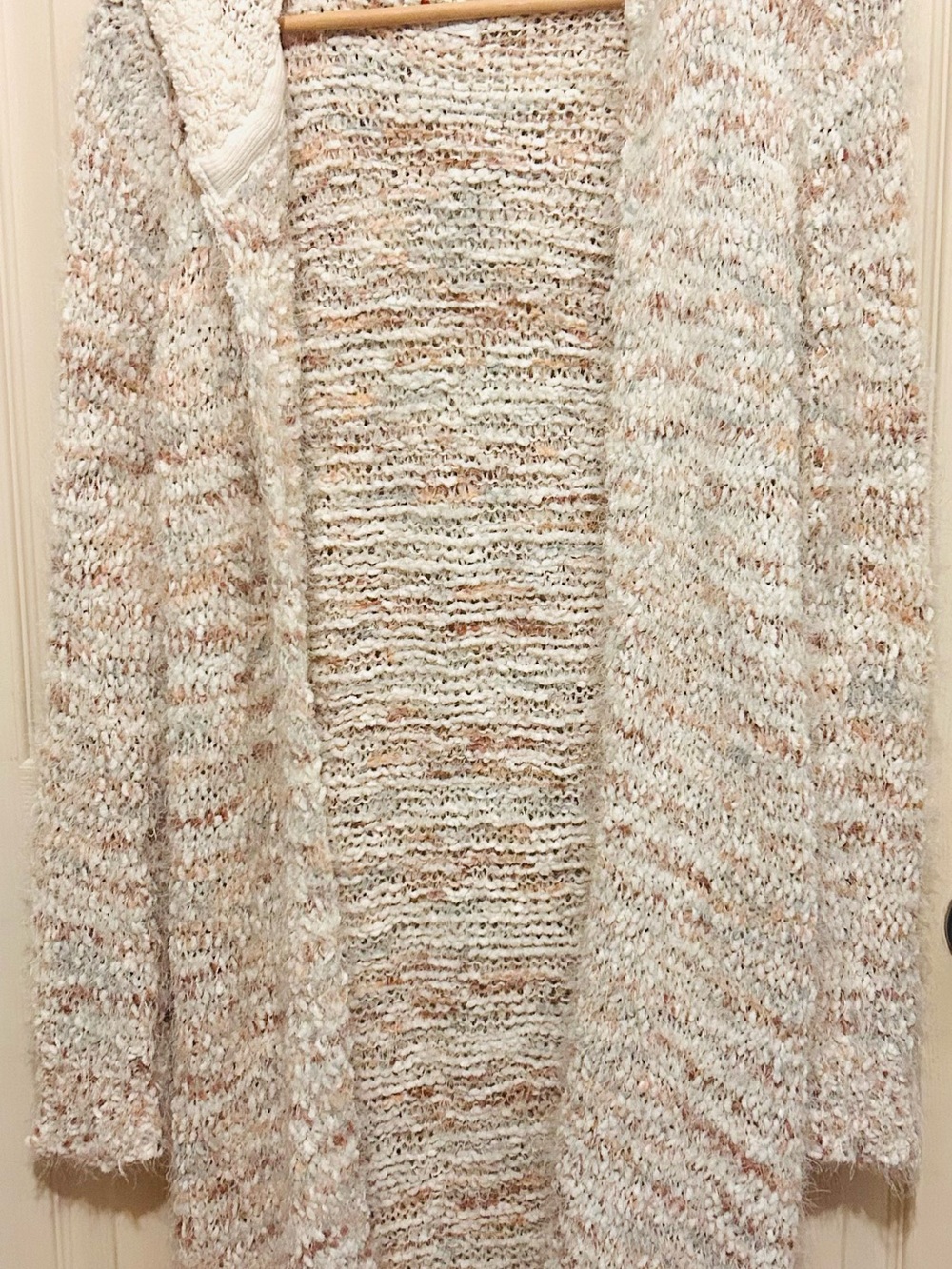 Poof! Open-Front Bouclé Cardigan in Cream and Tan